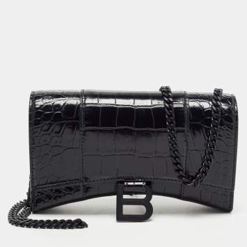 Pre Owned Balenciaga Black Croc Embossed Leather Hourglass Wallet on Chain