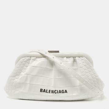 Pre Owned Balenciaga White Croc Embossed Leather XS Cloud Clutch Bag