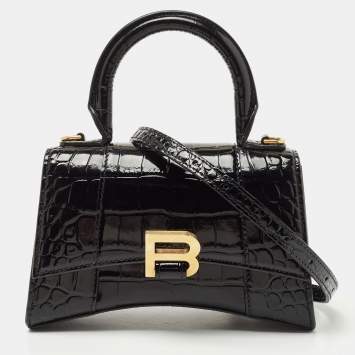 Pre Owned Balenciaga Black Croc Embossed Leather XS Hourglass Top Handle Bag