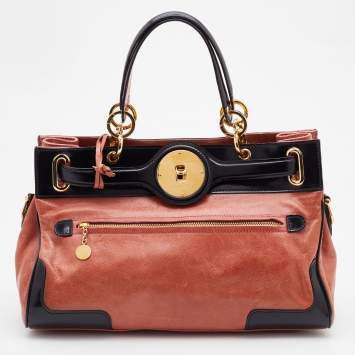 Pre Owned Balenciaga Peach/Black Leather and Patent Leather Lune Tote