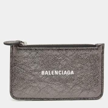 Pre Owned Balenciaga Metallic Silver Leather Zip Card Case