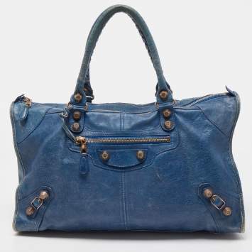 Pre Owned Balenciaga Blue Leather Giant 21 Rose Gold Hardware Work Tote