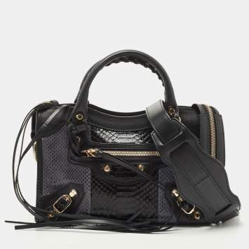 Pre Owned Balenciaga Black/Indigo Leather and Python Mini Classic Metallic Edge City Bag