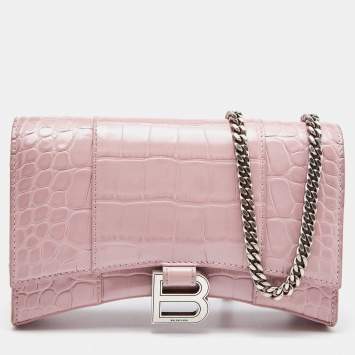 Pre Owned Balenciaga Pink Croc Embossed Leather Hourglass Wallet On Chain