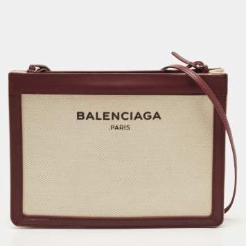 Pre Owned Balenciaga Off-White/Burgundy Canvas and Leather Navy Pochette Crossbody Bag