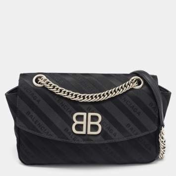 Pre Owned Balenciaga Black Fabric BB Chain Round Shoulder Bag