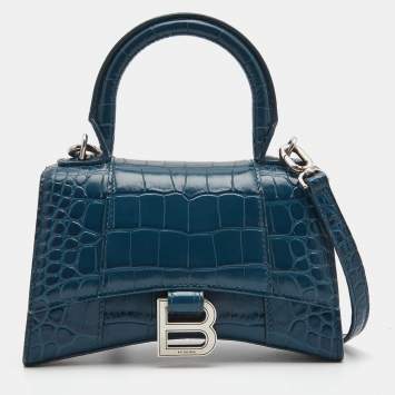 Pre Owned Balenciaga Teal Croc Embossed Leather XS Hourglass Top Handle Bag