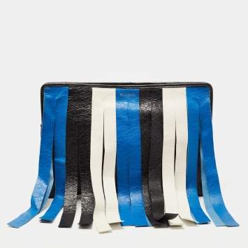 Pre Owned Balenciaga Multicolor Stripe Leather Bazar Fringe Clutch