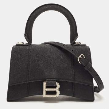 Pre Owned Balenciaga Black Glitter Leather XS Hourglass Top Handle Bag