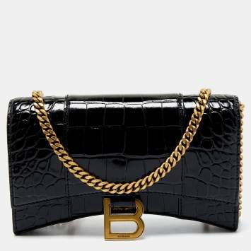 Pre Owned Balenciaga Black Shine Croc Embossed Leather Hourglass Wallet On Chain