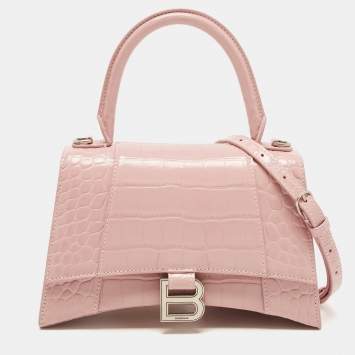 Pre Owned Balenciaga Light Pink Croc Embossed Leather Small Hourglass Top Handle Bag