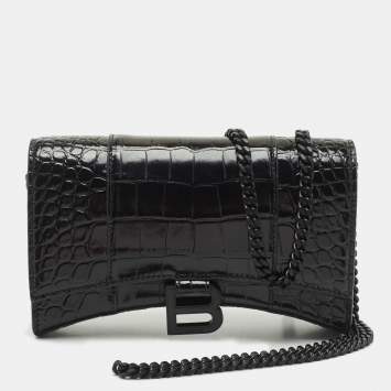 Pre Owned Balenciaga Black Croc Embossed Leather Hourglass Wallet on Chain