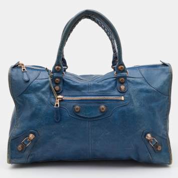 Pre Owned Balenciaga Blue Leather Giant 21 Rose Gold Hardware Work Tote