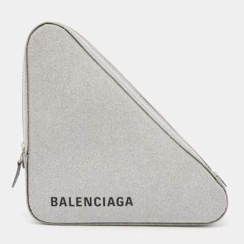 Pre Owned Balenciaga Silver Glitter Triangle Zip Clutch