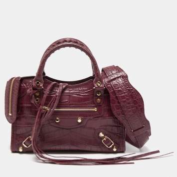 Pre Owned Balenciaga Burgundy Croc Embossed Leather Mini Classic City Bag