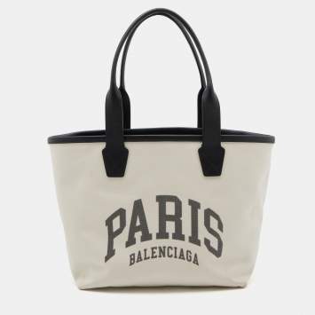 Pre Owned Balenciaga Off White Canvas and Leather Small Cities Paris Jumbo Tote