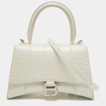 Pre Owned Balenciaga White Croc Embossed Leather Small Hourglass Top Handle Bag