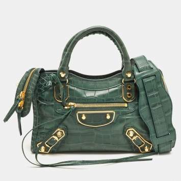 Pre Owned Balenciaga Green Croc Embossed Leather Mini Metallic Edge City Bag