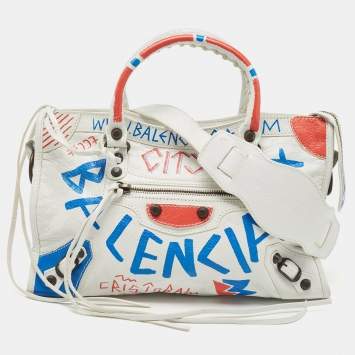 Pre Owned Balenciaga White Graffiti Leather Small City Tote 