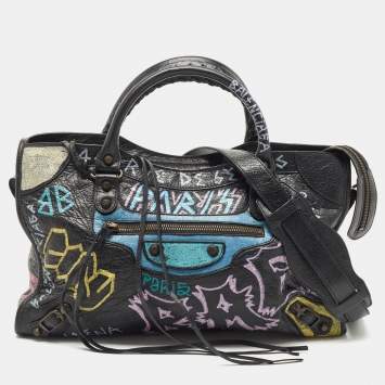 Pre Owned Balenciaga Black Graffiti Leather City Tote