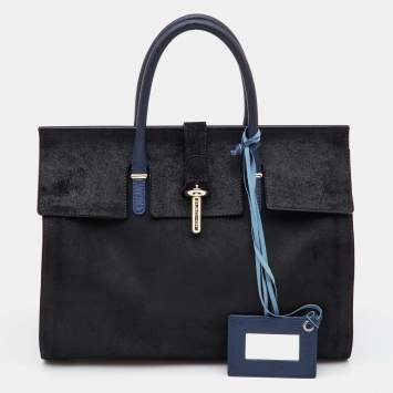 Pre Owned Balenciaga Black/Blue Nubuck and Leather M Tube Round Satchel