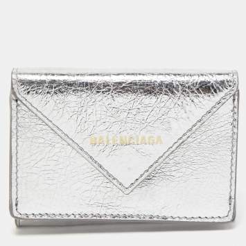 Pre Owned Balenciaga Silver Leather Mini Papier Wallet
