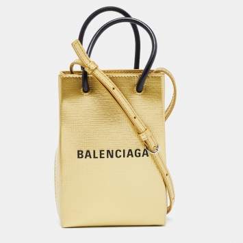 Pre Owned Balenciaga Gold/Black Leather Shopping Phone Holder Crossbody Bag