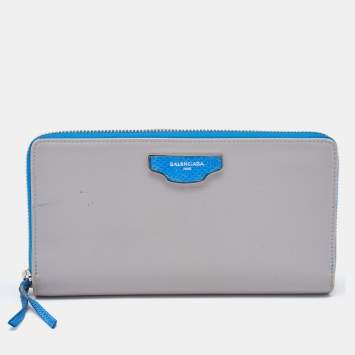 Pre Owned Balenciaga Grey/Blue Leather and Karung Leather Zip Around Wallet