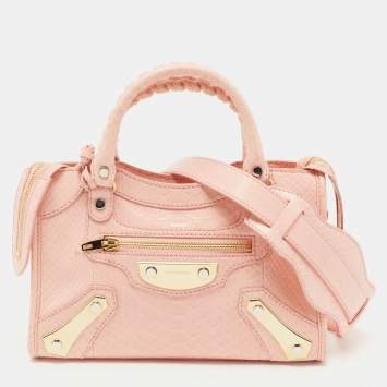 Pre Owned Balenciaga Pink Python Mini Metal Plate Classic City Bag