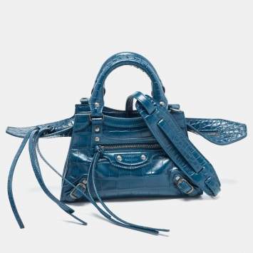 Pre Owned Balenciaga Teal Croc Embossed Leather Mini Neo Classic Bag