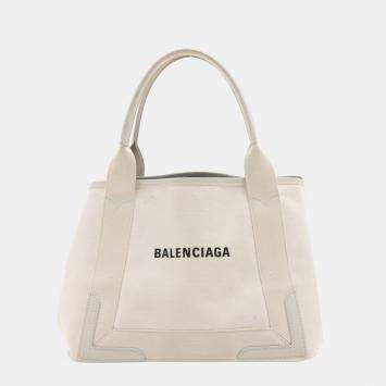 Pre Owned Balenciaga Navy Cabas Canvas & leather Tote bag White 339933