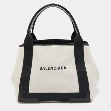 Pre Owned Balenciaga Off White/Black Printed Canvas and Leather Small Cabas Tote