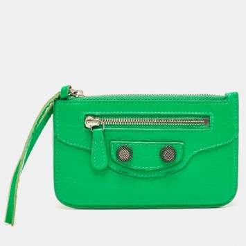 Pre Owned Balenciaga Green Leather Le Cagole Zip Card Holder