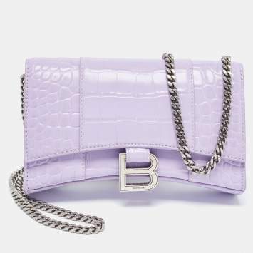 Pre Owned Balenciaga Lilac Croc Embossed Leather Hourglass Wallet on Chain