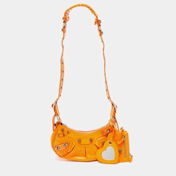 Pre Owned Balenciaga Orange Croc Embossed Leather XS Le Cagole Shoulder Bag