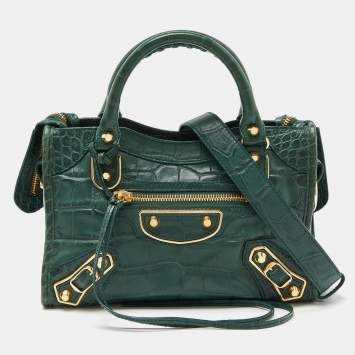 Pre Owned Balenciaga Green Croc Embossed Leather Mini Classic Metallic Edge City Bag