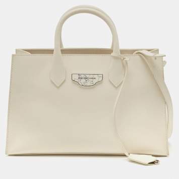 Pre Owned Balenciaga Off White Leather Padlock Nude Marble Tote
