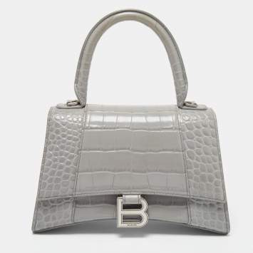Pre Owned Balenciaga Grey Croc Embossed Leather Small Hourglass Top Handle Bag