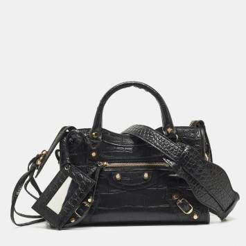 Pre Owned Balenciaga Black Croc Embossed Leather Mini GH Classic City Bag