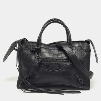 Pre Owned Balenciaga Black Croc Embossed Leather Small Classic City Bag