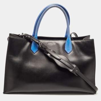 Pre Owned Balenciaga Blue/Black Leather and Lizard Handle Padlock Tote