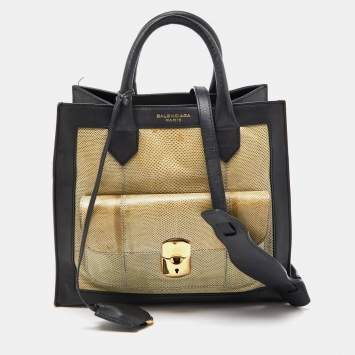 Pre Owned Balenciaga Black/Green Karung and Leather Padlock All Afternoon Tote