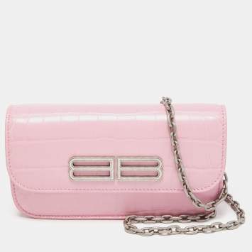 Pre Owned Balenciaga Pink Croc Embossed Leather Gossip Wallet On Chain