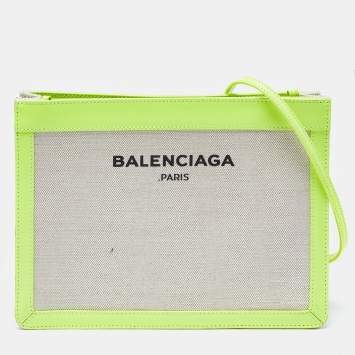 Pre Owned Balenciaga Off White/Neon Green Canvas and Leather Navy Pochette Crossbody Bag