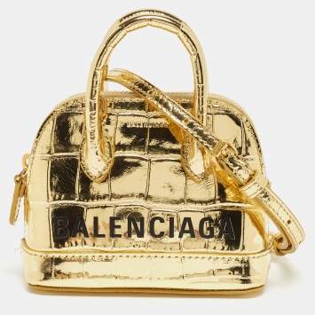 Pre Owned Balenciaga Metallic Gold Croc Embossed Leather Mini Ville Crossbody Bag