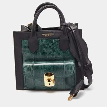 Pre Owned Balenciaga Black/Green Karung and Leather Mini Maillon All Afternoon Tote