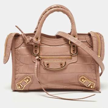 Pre Owned Balenciaga Pink Croc Embossed Leather Nano Metallic Edge City Tote