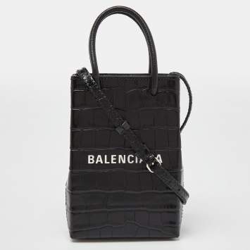 Pre Owned Balenciaga Black Croc Embossed Leather Phone Holder Crossbody Bag