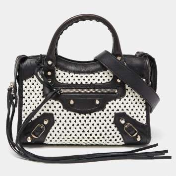 Pre Owned Balenciaga Black/White Leather and Raffia Mini Motorcycle City Bag