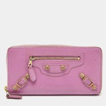 Pre Owned Balenciaga Pink Leather City Zip Around Wallet